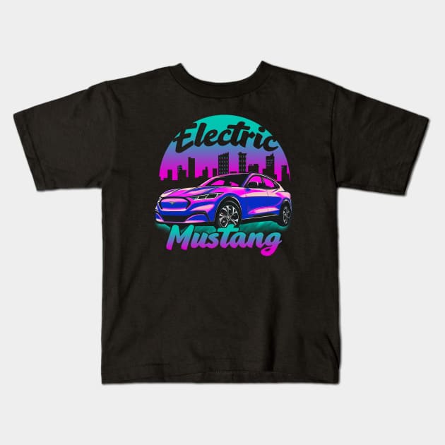 Pink Retro Electric Mustang Cityscape Kids T-Shirt by zealology